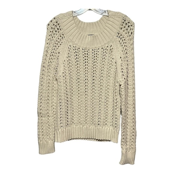 J Crew Crochet Open Knit Sweater Beige Round Neck Ribbed Trim Casual Small - Picture 1 of 8